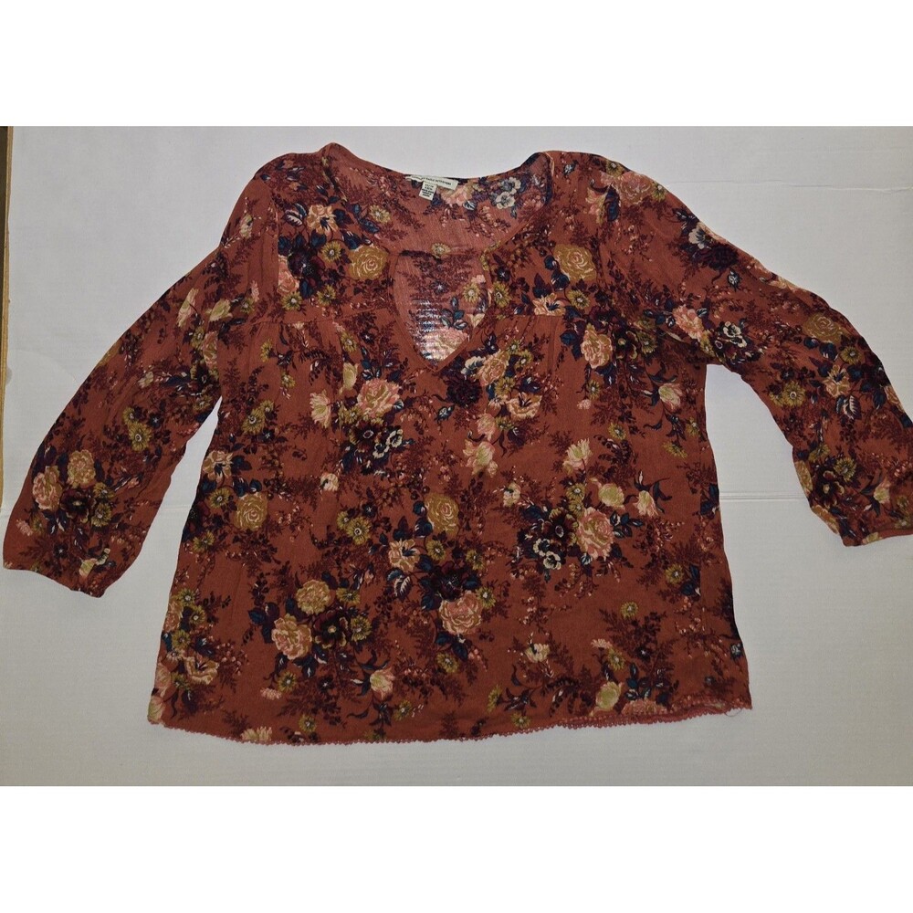 American Eagle Outfitters Rust Multicolor Floral Keyhole Blouse Button Accent XS - Picture 8 of 9